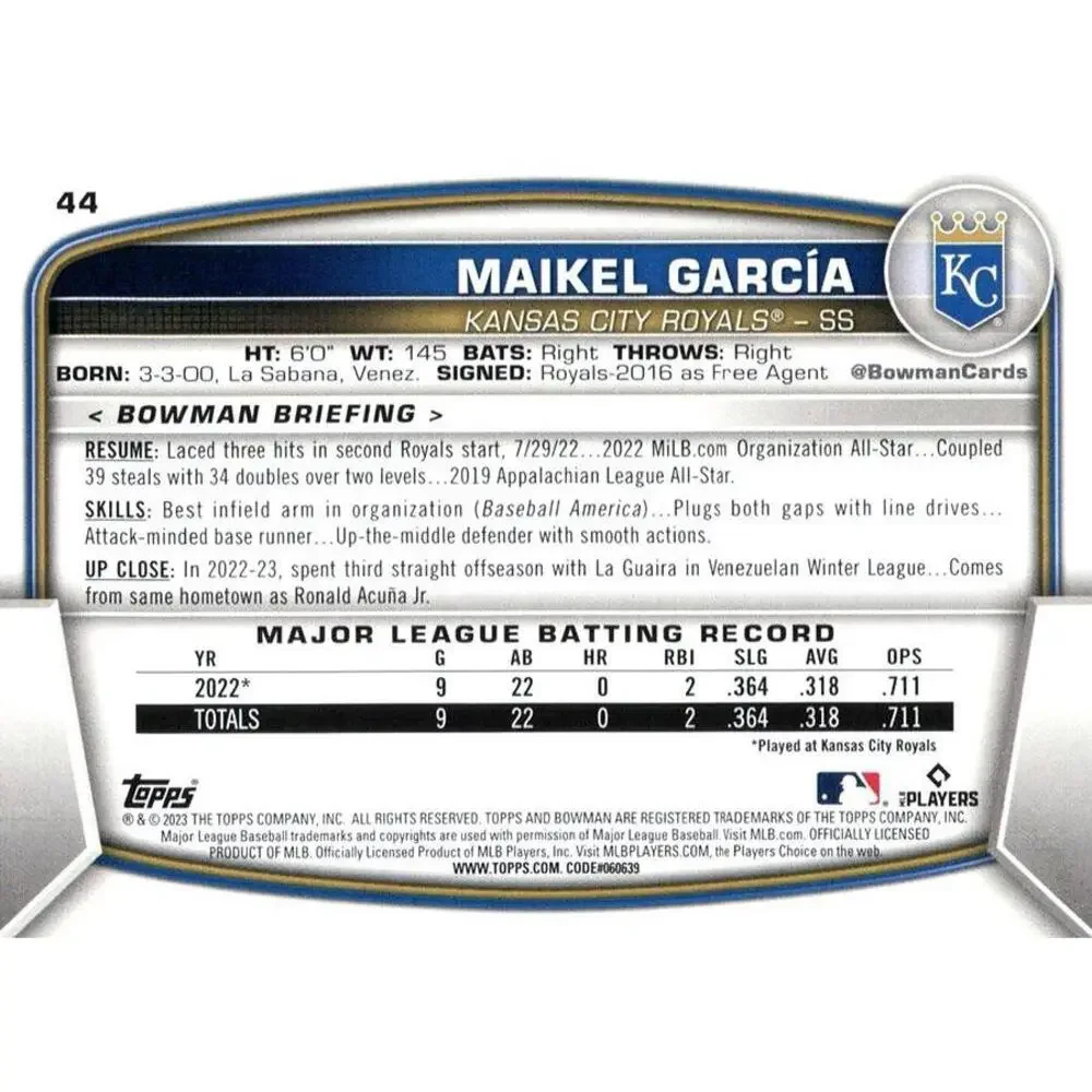 2023 Bowman Maikel Garcia RC #44 Kansas City Royals